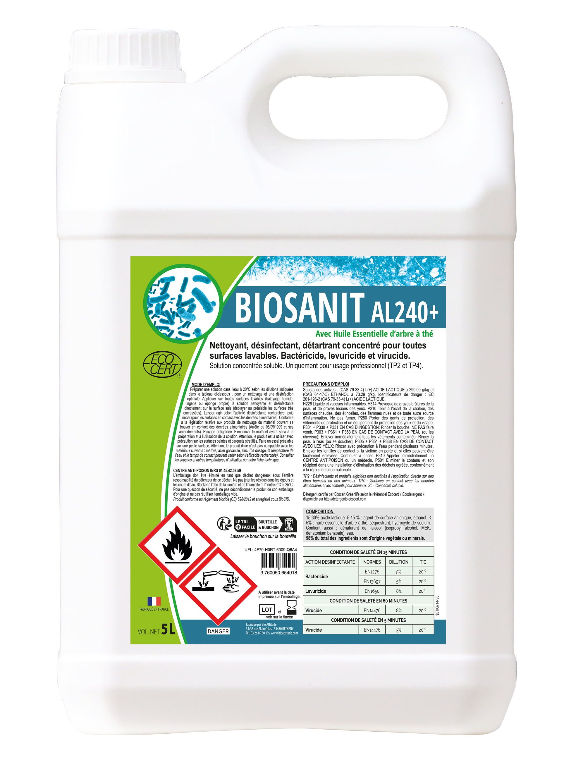 Nettoyant dsinfectant concentr Biosanit AL240+ - Dsinfectants puissants conus pour l'hygine en industrie alimentaire, pharmaceutique et cosmtique.